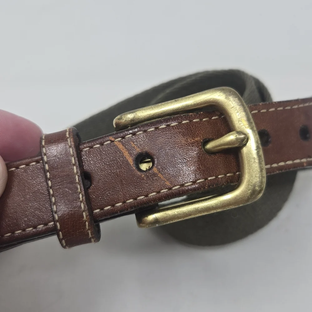 LL BEAN‎ Golf Belt Men 44 Brown Leather Green Canvas Brass Buckle Made USA